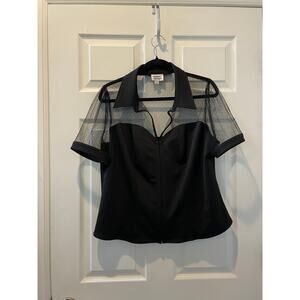 Unique Vintage Illusion Polka Dot Sweetheart Top Black Sz 1X 1950s, Pin Up# 24